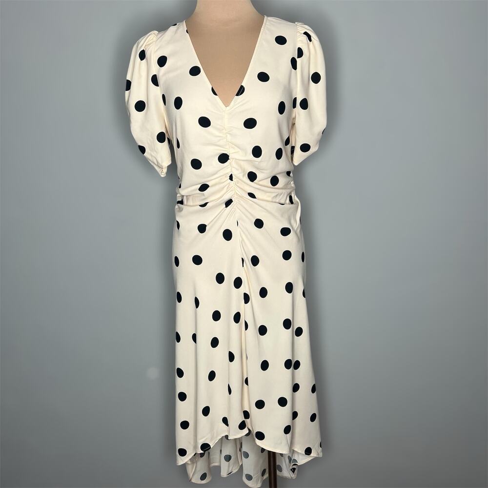 A New Day Dress Medium Womens Beige Polka Dot V-Neck Ruched High Low Midi New